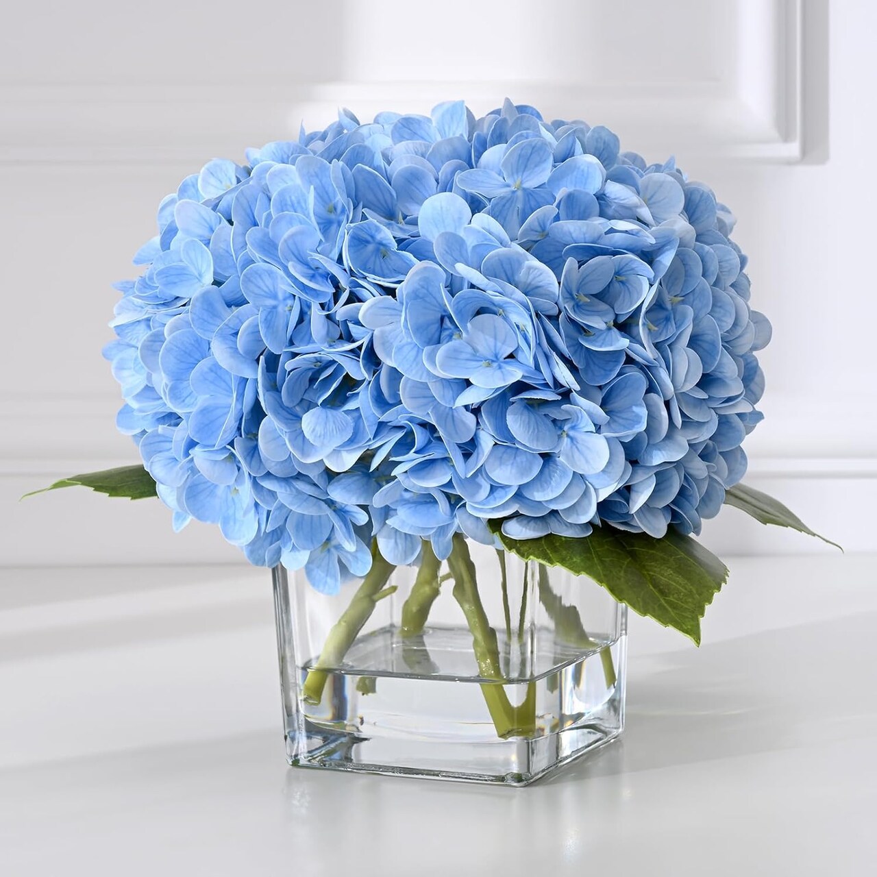 Luxury PU Fake Flowers in Vase with Faux Water, Blue Real Touch Hydrangea Artificial Flowers with Glass Vase for Office Home Dining Room Centerpiece Table Decorations